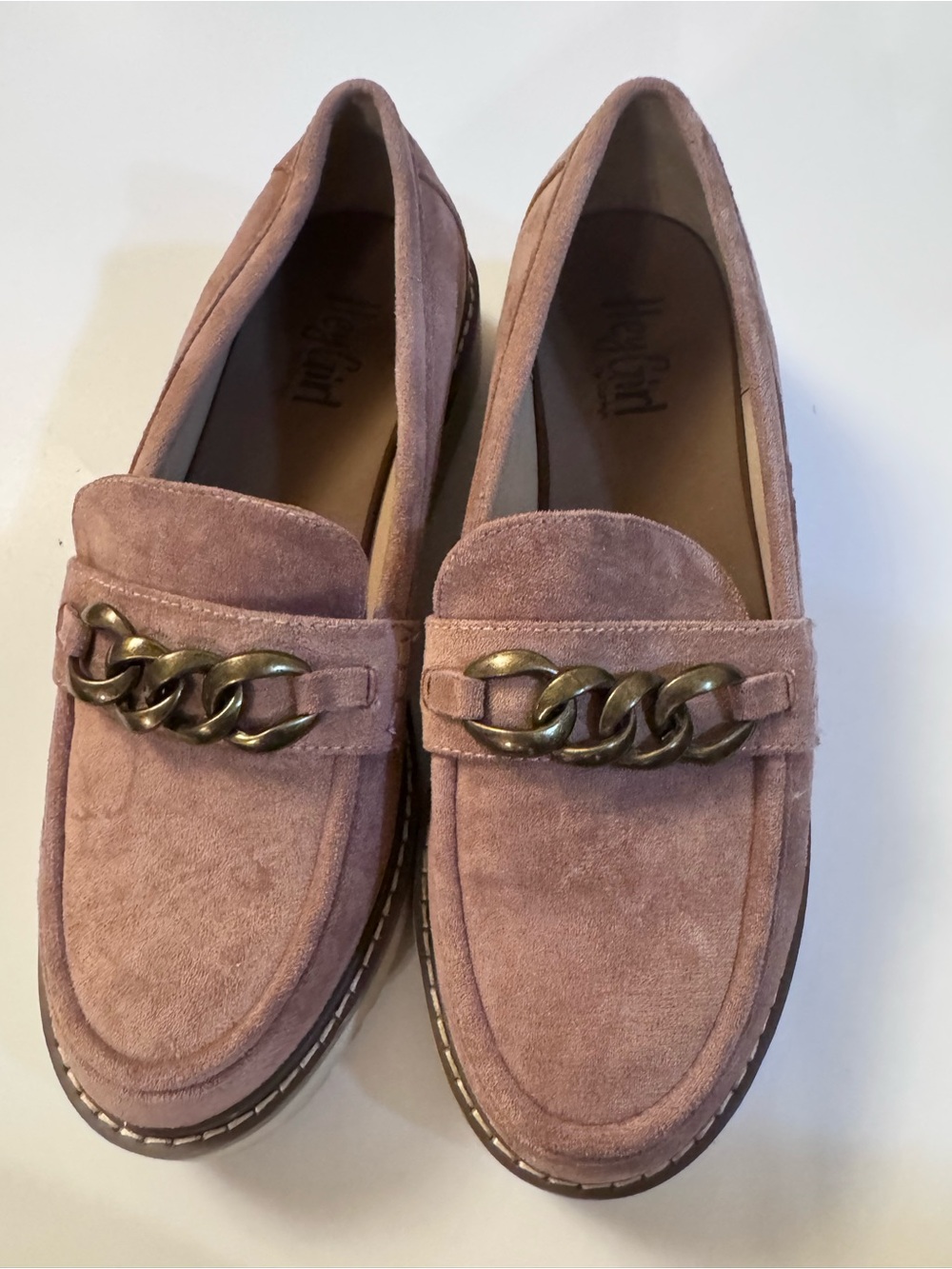 Suede Chain-Trim Loafers in Dusty Pink